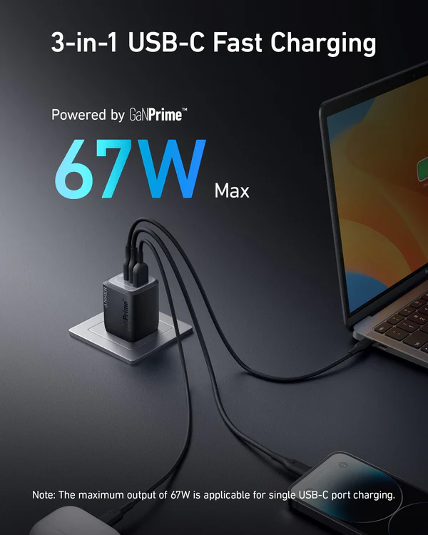 شاحن انكر 336، قدرة 67 وات، 3 منافذ USB، A2674 - أسود