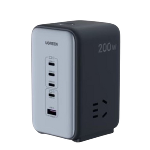 شاحن GaN يوجرين، USB-C بقوة 200 وات، 5 منافذ، و2 مقبس طاقة - أسود