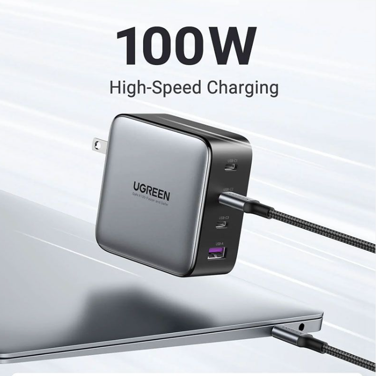 شاحن سريع تك يو جرين 100 وات 4 مداخل GAN 3XUSB-C, CD226 - أسود