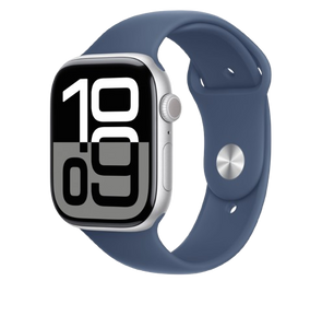 ساعة Apple Watch Series 10 GPS مقاس 46 مم، هيكل من الألومنيوم باللون الفضي مع سوار Denim Sport - فضي (الإصدار العالمي)