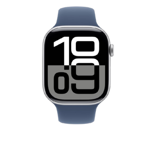 ساعة Apple Watch Series 10 GPS مقاس 46 مم، هيكل من الألومنيوم باللون الفضي مع سوار Denim Sport - فضي (الإصدار العالمي)